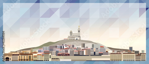 Marseille skyline vector colorful poster on beautiful triangular texture background