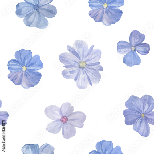 Botanical pattern on a white background. Blue flowers painted by watercolor. Seamless watercolor illustration. Flowers for design, wallpaper, textiles and wrapping paper.