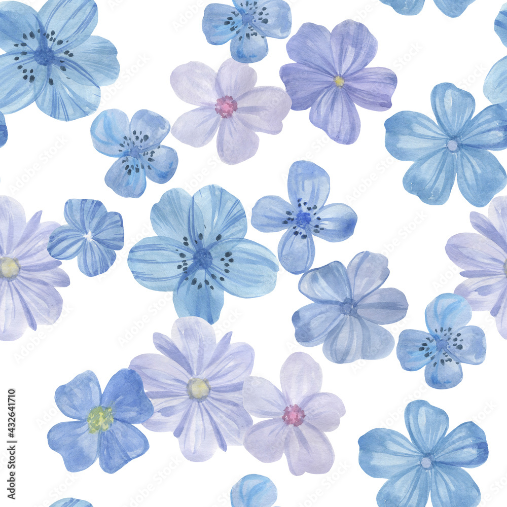 Botanical pattern on a white background. Purple, blue flowers painted with watercolors. Seamless watercolor illustration. Flowers for design, wallpaper, textiles and wrapping paper. Botanical pattern on a white background. Purple, blue flowers painted with watercolors. Seamless watercolor illustration. Flowers for design, wallpaper, textiles and wrapping paper.