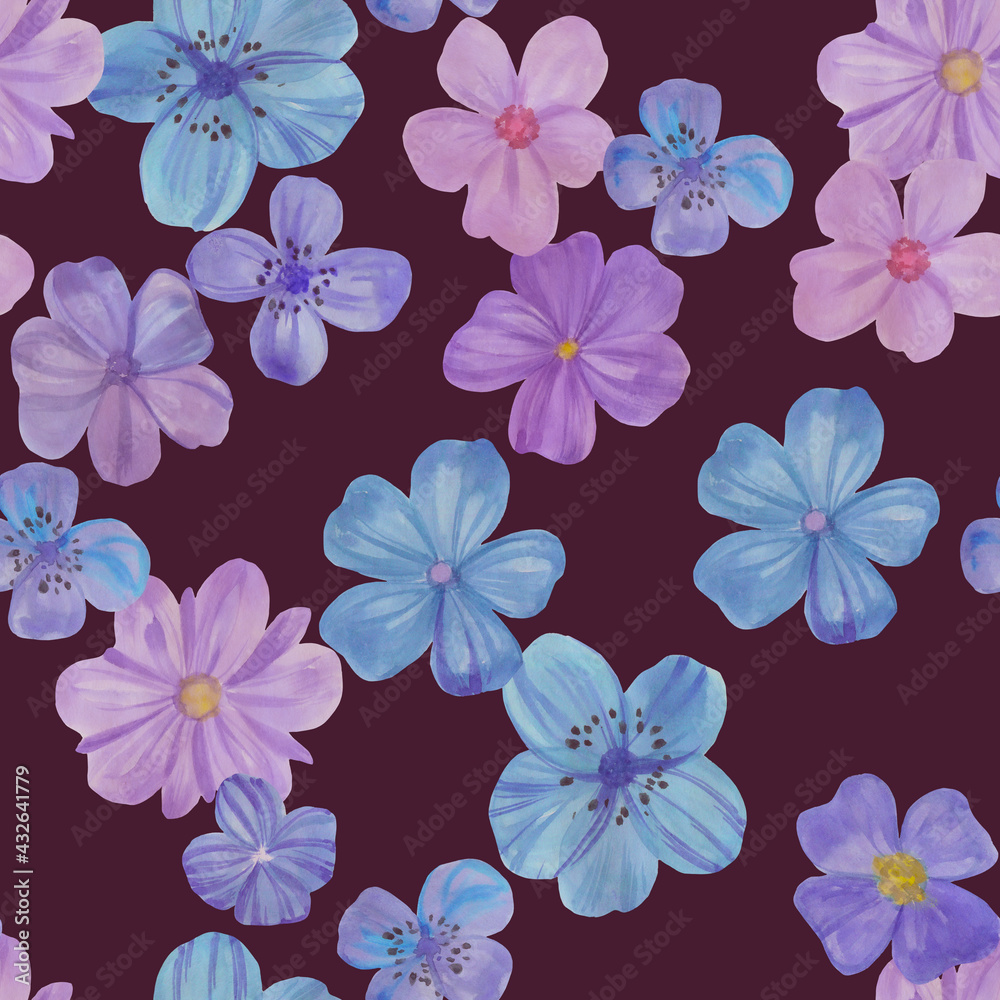 Botanical pattern on a purple background. Purple, blue flowers painted with watercolors. Seamless watercolor illustration. Flowers for design, wallpaper, textiles and wrapping paper.