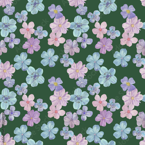 Botanical pattern on a green background. Blue flowers painted by watercolor. Seamless watercolor illustration. Flowers for design, wallpaper, textiles and wrapping paper. © Sergei