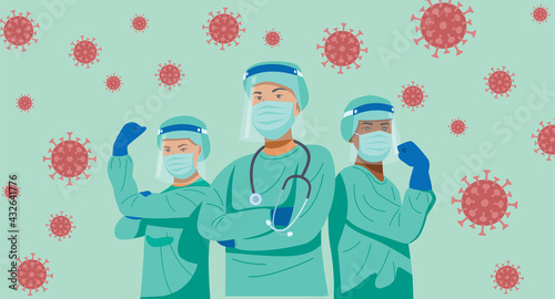 Frontline heroes, Illustration of doctors and nurses characters wearing masks fighting against virus. Vector