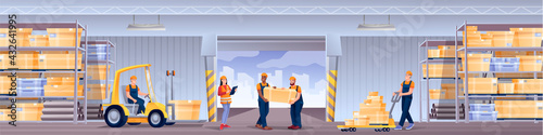 People working in warehouse. Delivery workers in storage hangar interior design panorama. Men operating forklift, carrying box vector illustration. Goods in stockroom in packages