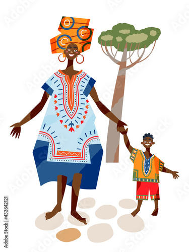 African tribal woman with child. Mother standing and holding hands with little kid in tribe vector illustration. Girl in dress with traditional elements and boy on white background