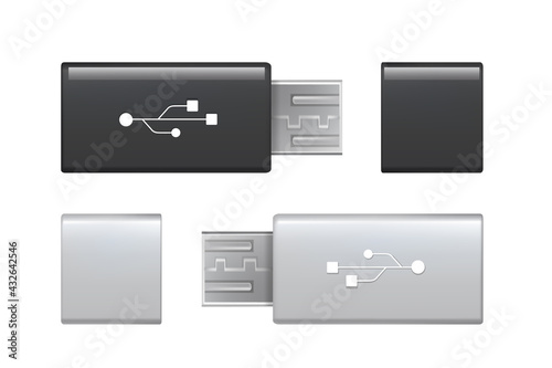 Black and white usb flash drive. Memory stick for computers vector illustration. Data storage device, pendrive template. Hardware store accessory design isolated on white background