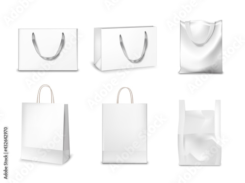 White paper and fabric bags set. Blank gift or shopping packages with handles vector illustration. Realistic commercial store cloth textile and carton bags on white background