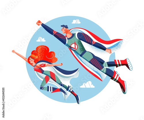 Female and male superheroes in costumes flying. Super characters with capes vector illustration. Cartoon comic book woman and man on blue sky background. Brave girl and boy hurrying to save people