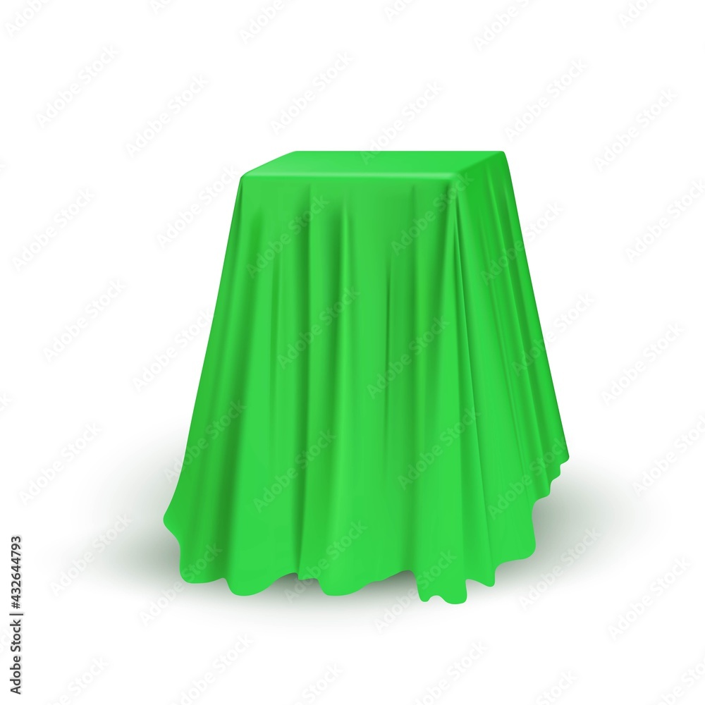 Green cloth drapery covering square table. Silk fabric hanging on gift for surprise reveal vector illustration. Hidden secret under veil decoration. Mysterious presentation event Green cloth drapery covering square table. Silk fabric hanging on gift for surprise reveal vector illustration. Hidden secret under veil decoration. Mysterious presentation event