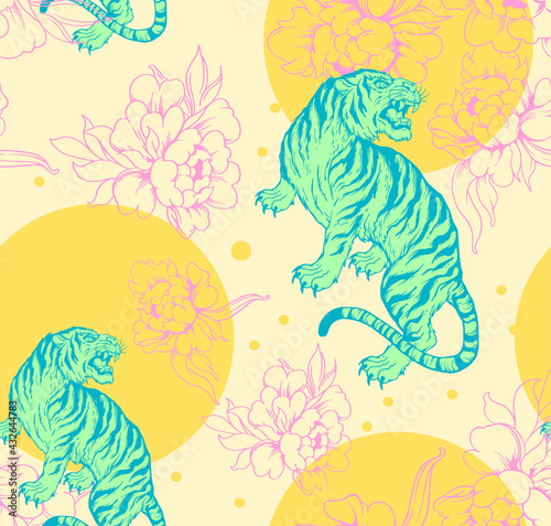 Tropical tiger pattern with ethnic flowers and pastel colors photo