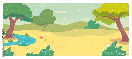 Sunny park on summer day. Trees  sky with clouds  butterfly  grass and lawn background. Relaxing scene in nature vector illustration. Horizontal view of beautiful landscape.