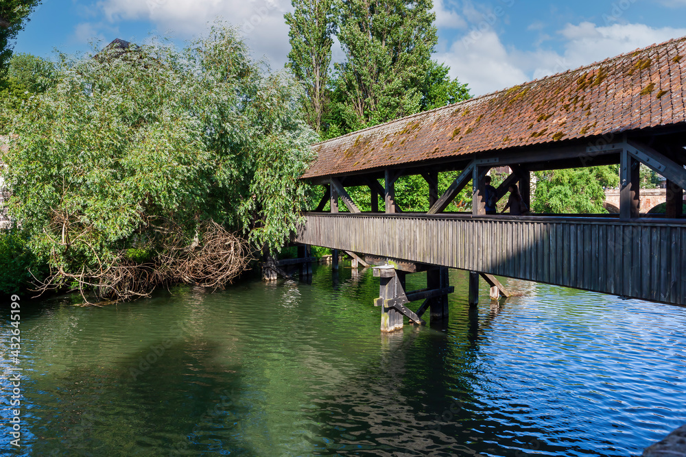View of Hangman’s Bridge spanning the Pegnitz River in Nuremberg City, Germany, View of Hangman’s Bridge spanning the Pegnitz River in Nuremberg City, Germany,