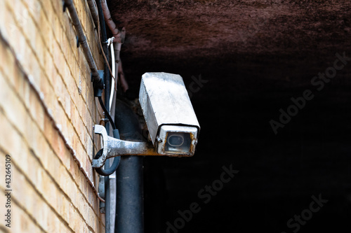 Close up of a CCTV Camera. Old, Retro Lens. Public Order. Spy State