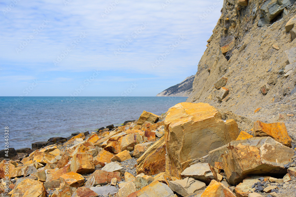 Landscape with the rocky, stony coastline on the Black Sea of Russia.