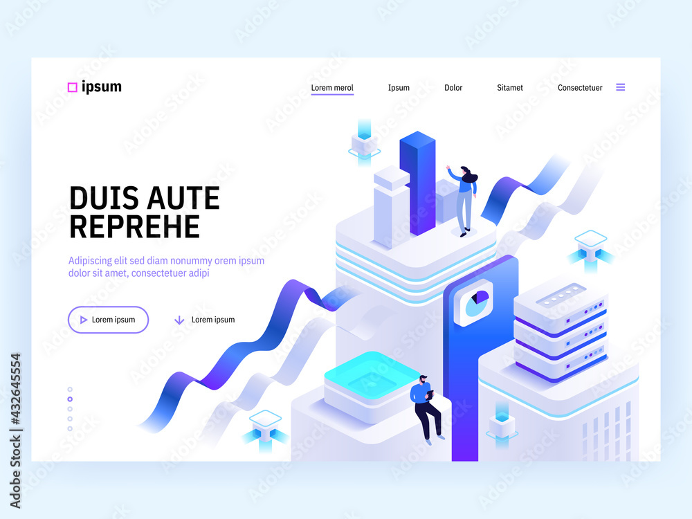 Vector landing page of Tech isometric concept. Teamwork in office, product development, data analysis, business analytics, marketing. Character illustration of advertising banner in isometry design - obrazy, fototapety, plakaty 
