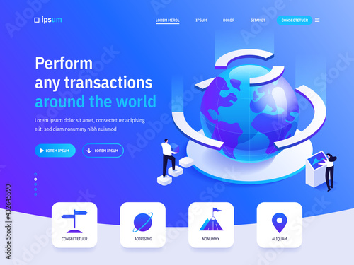 Vector landing page of Perform any transactions around the world isometric concept. Business investment, money transfer, online banking, account. Illustration of advertising banner in isometry design