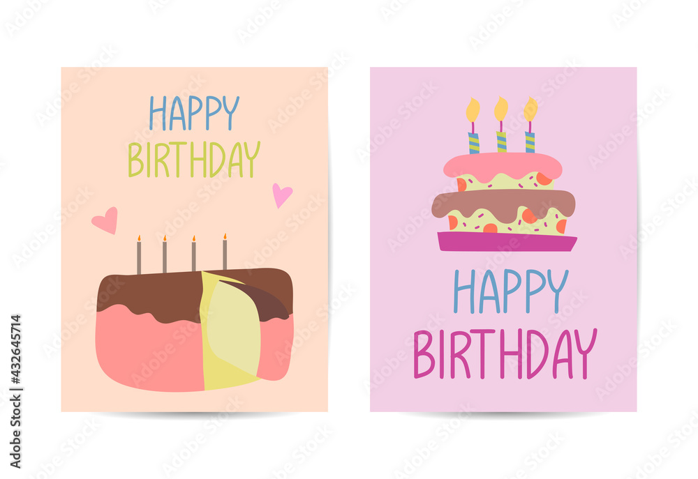 Set of birthday card design templates. Hand drawn cartoon vector sketch illustration with greetings Set of birthday card design templates. Hand drawn cartoon vector sketch illustration with greetings