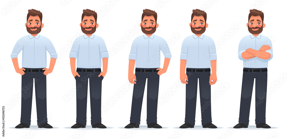 Set of character of a happy bearded man in different poses in classic clothes. Vector illustration