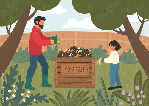 Composting. Man and girl making compost outdoors in the backyard garden. Father teaches child recycle organic biodegradable waste. 