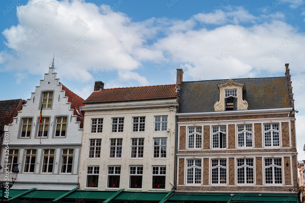 Traditional colorful Belgian house facades in Bruges.