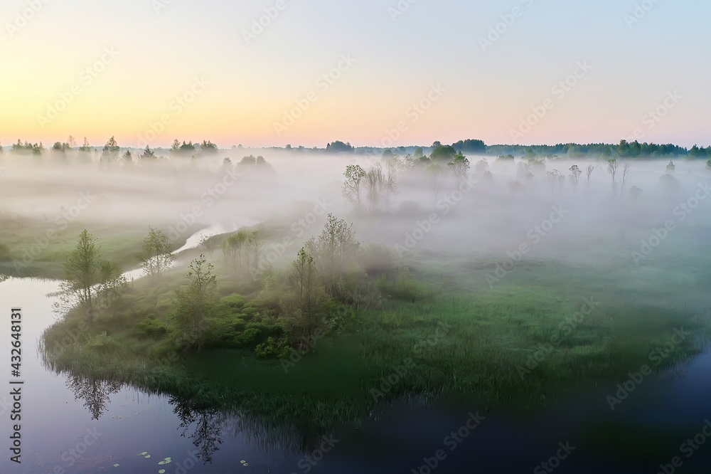 evening fog landscape forest river, view morning forest beautiful background