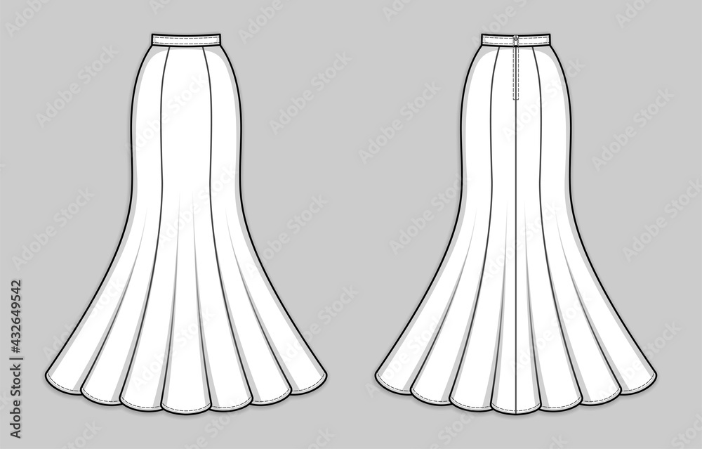 Long formal gored skirt with flared hemline, banded waist. Maxi mermaid skirt with back zip clasp. Back and front. Technical flat sketch, vector. Long formal gored skirt with flared hemline, banded waist. Maxi mermaid skirt with back zip clasp. Back and front. Technical flat sketch, vector.