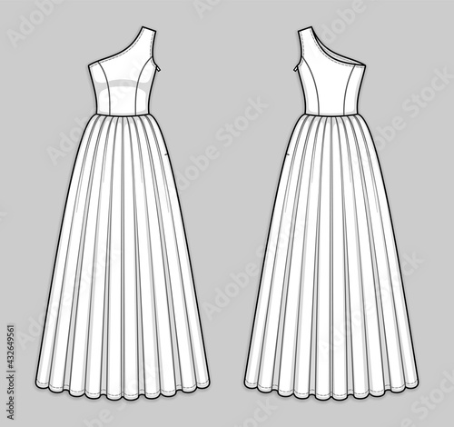 Floor-length one shoulder dress with asymmetrical neckline, invisible zipper in a side seam, seam at waist, flared skirt with pleats. X-line silhouette. Back and front. Technical flat sketch, vector.