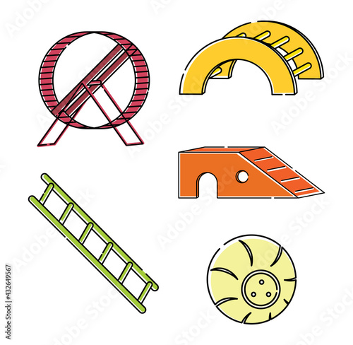 Set of bright line art illustrations toys for for hamsters, rats, rodents, guinea pigs