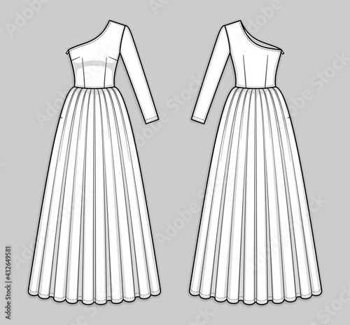 Maxi one shoulder dress with asymmetrical neckline, invisible zipper in a side seam, seam at waist, flared skirt, one long sleeve. X-line silhouette. Back and front. Technical flat sketch, vector.