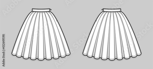 Knee-length flared box pleated skirt with banded waist, invisible zipper in a side seam. Voluminous a-line skirt. Back and front. Technical flat sketch.