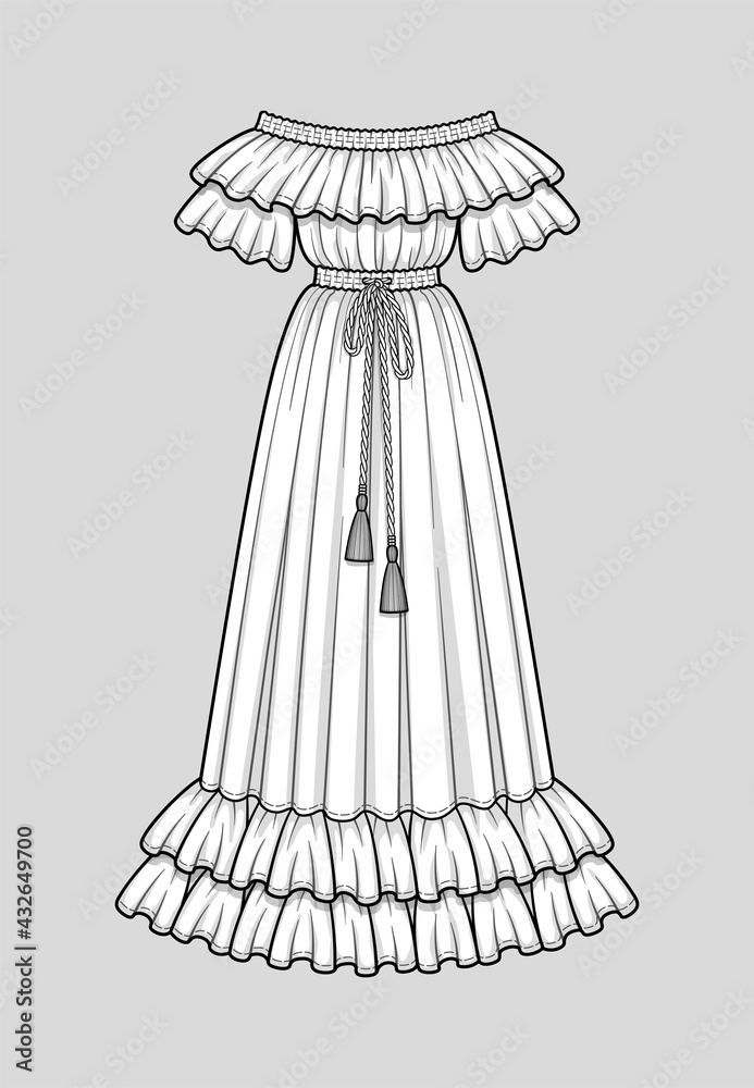 Off the shoulder long flared dress with ruffle short sleeves. Ruffle neckline and double ruffle hem. Elastic waist and neckline. Tasseled tie waist. Floor length. Technical flat sketch, vector.