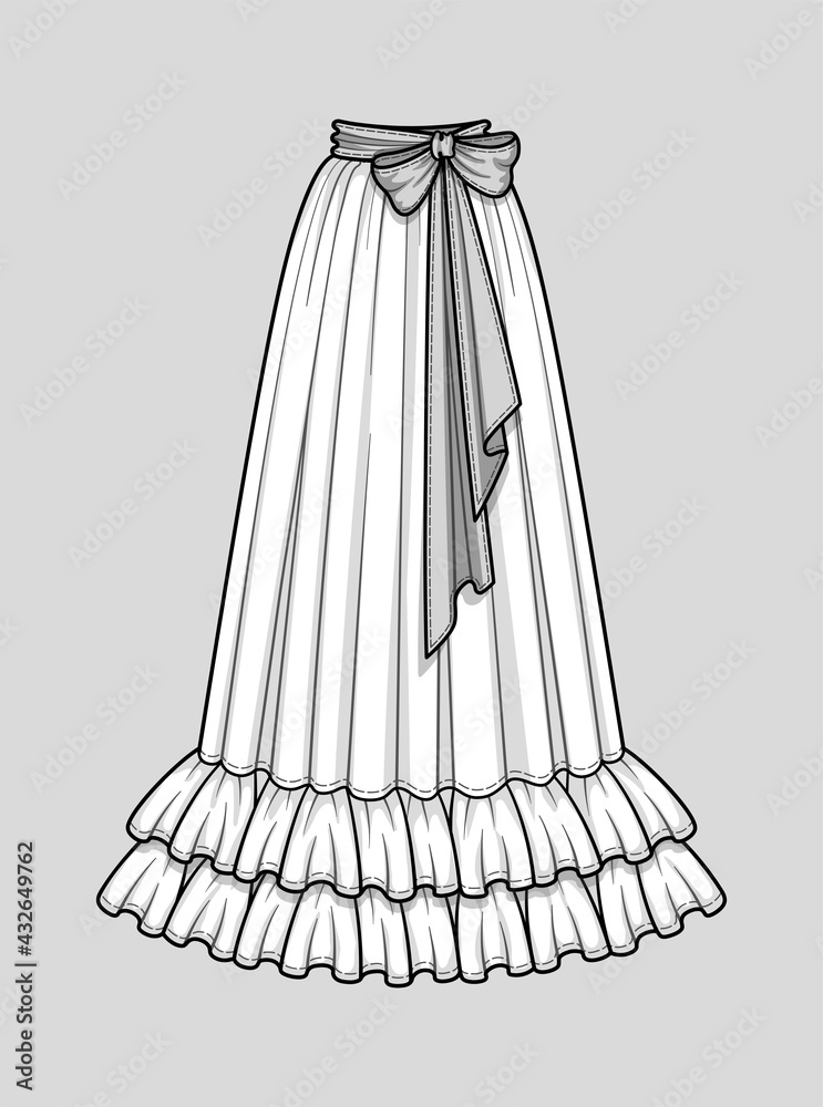 Long flared smocked skirt with double ruffle hem. Waist belt with a bow. Floor length. Technical flat sketch. Vector illustration.