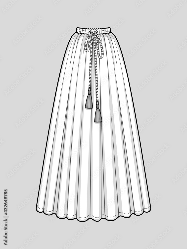 Long flared skirt with a smocked elastic waist. Tasseled tie waist. Floor length. Technical flat sketch. Vector illustration. Long flared skirt with a smocked elastic waist. Tasseled tie waist. Floor length. Technical flat sketch. Vector illustration.