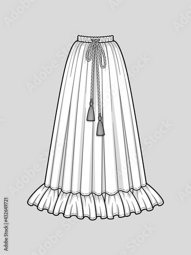 Flared long skirt with ruffle hem. Elastic smocked waist. Tasseled tie waist. Maxi length. Vector illustration. Technical flat sketch.