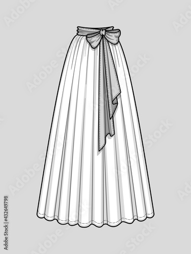 Long flared smocked skirt. Waist belt with a bow. Floor length. Technical flat sketch. Vector illustration.