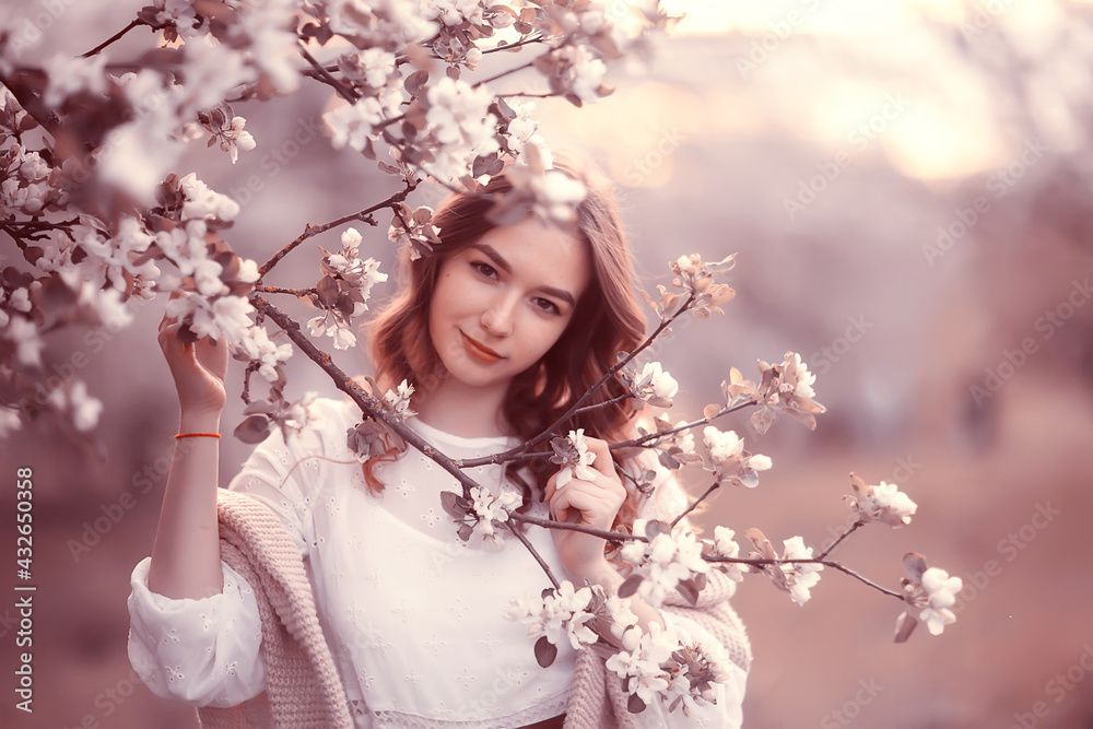 flowers garden girl trees mood happiness, asia tourism, bloom traditional seasonal background april