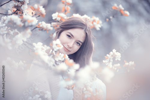 springtime fashion portrait of a young girl in a blooming cherry garden  tenderness of the morning