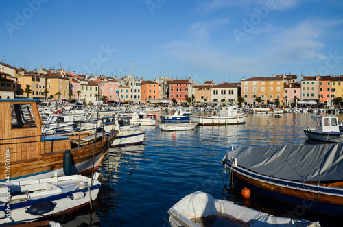 Old town of Rovinj (Rovigno) on Adriatic sea, Istrian Peninsula (Istra). Popular tourist destination in Croatia. This charming coastal town is a popular tourist resort and an active fishing port.