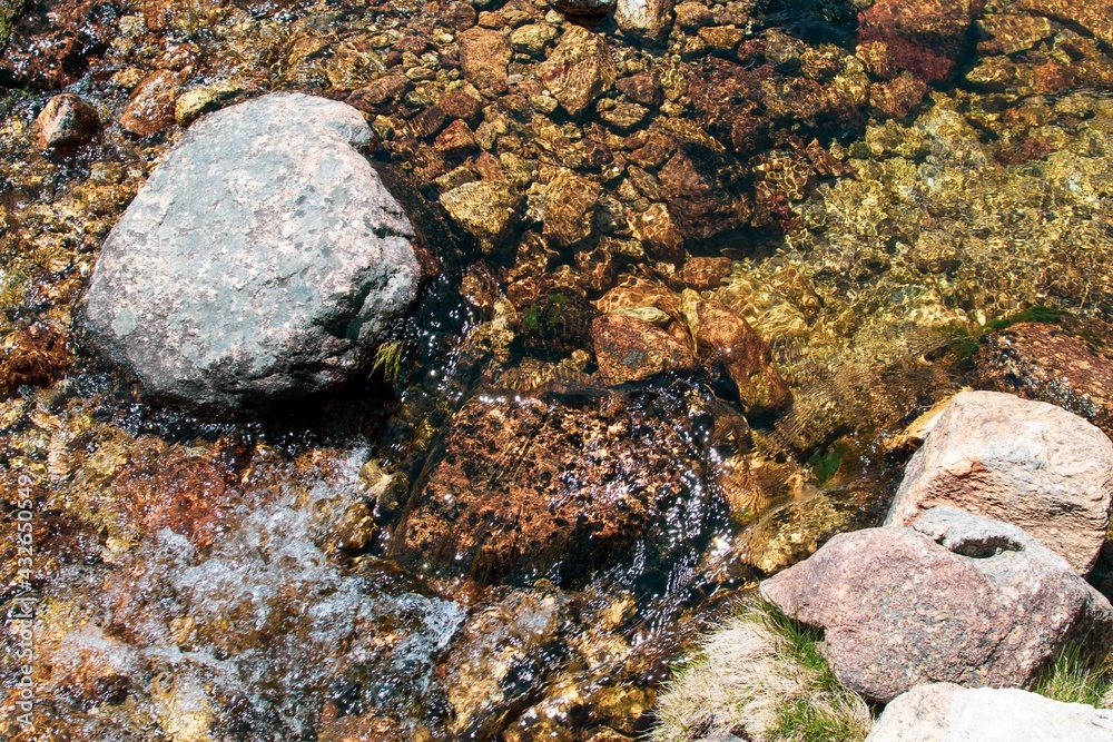Close-up detail of water flowing through a stream with large stones.