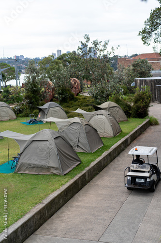 camping site on Cockatoo Island all set up for a night of camping and relaxing Sydney harbour