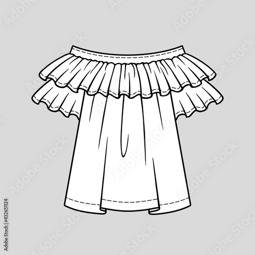 Off the shoulder blouse with ruffles and short sleeves. The spring-summer season. Technical flat sketch. Vector illustration. photo