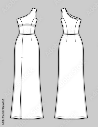 Floor-length fitted one shoulder dress with asymmetrical neckline, hidden side closure, seam at waist, front high slit. Sleek and sexy evening gown. Back and front. Technical flat sketch, vector.