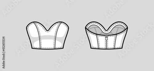 Cropped close-fitting top with strapless sweetheart neckline and back zip closure. Bust shaping with panel lines. Back and front. Technical flat sketch, vector illustration.