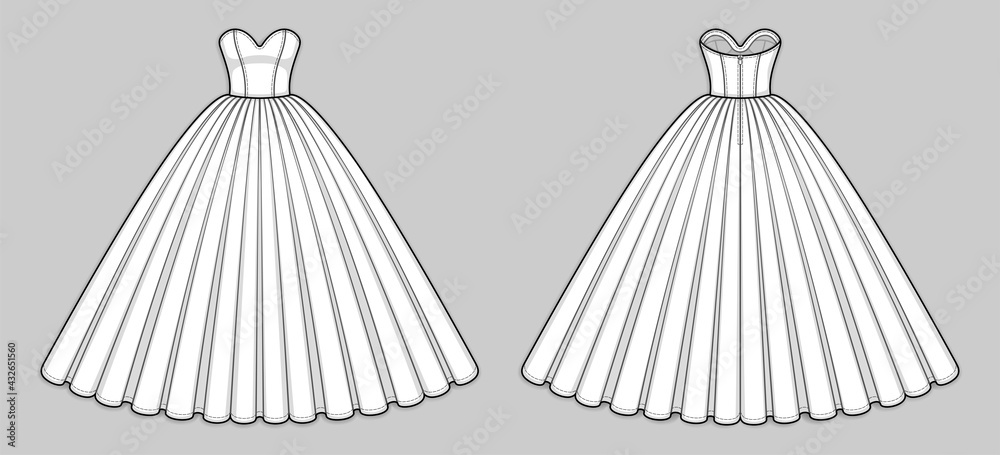 Ball gown dress. Corset bodice with strapless sweetheart neckline, seam at  waist, back zip clasp, flared skirt with pleats. Quinceanera, wedding  dress. Back and front. Technical flat sketch, vector. Stock-vektor | Adobe