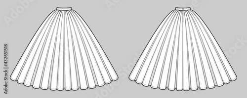 Maxi flared volume skirt with pleats, banded waist, back zip closure. Long ball gown gathered a-line skirt. Back and front. Technical flat sketch.