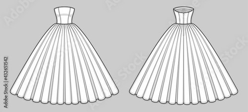 Quinceanera, wedding, ball gown dress. Corset bodice with strapless straight across neckline, seam at waist, back zip clasp, flared skirt with pleats. Back and front. Technical flat sketch, vector.