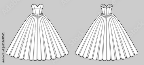 Ball gown dress. Corset bodice with strapless sweetheart neckline, seam at waist, back zip clasp, flared skirt with pleats. Quinceanera, wedding dress. Back and front. Technical flat sketch, vector.