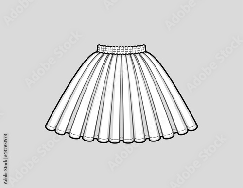 Flared mini skirt with a smocked elastic waist. Technical flat sketch. Vector illustration.