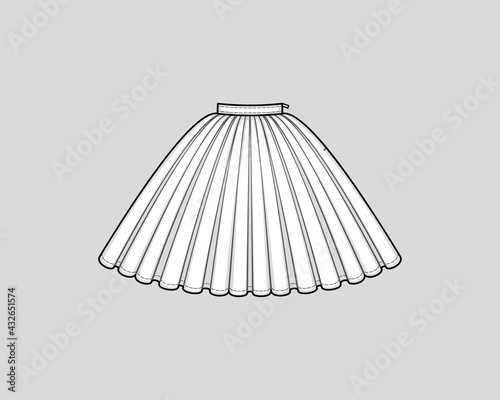 Knee-length flared skirt with pleats, banded waist, invisible zipper in a side seam. Gathered voluminous a-line skirt. Technical flat sketch.