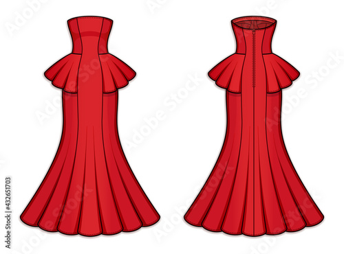 Maxi claret mermaid dress with strapless straight across neckline, peplum waist, back zip clasp. Gored bodycon sleeveless dress with flared hemline. Back and front. Technical flat sketch, vector.
