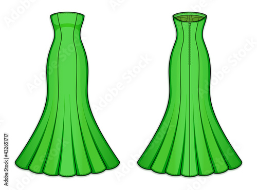 Maxi bright green mermaid dress with strapless straight across neckline, mid-open back, back zip clasp. Gored bodycon sleeveless dress with flared hemline. Back, front. Technical flat sketch, vector.